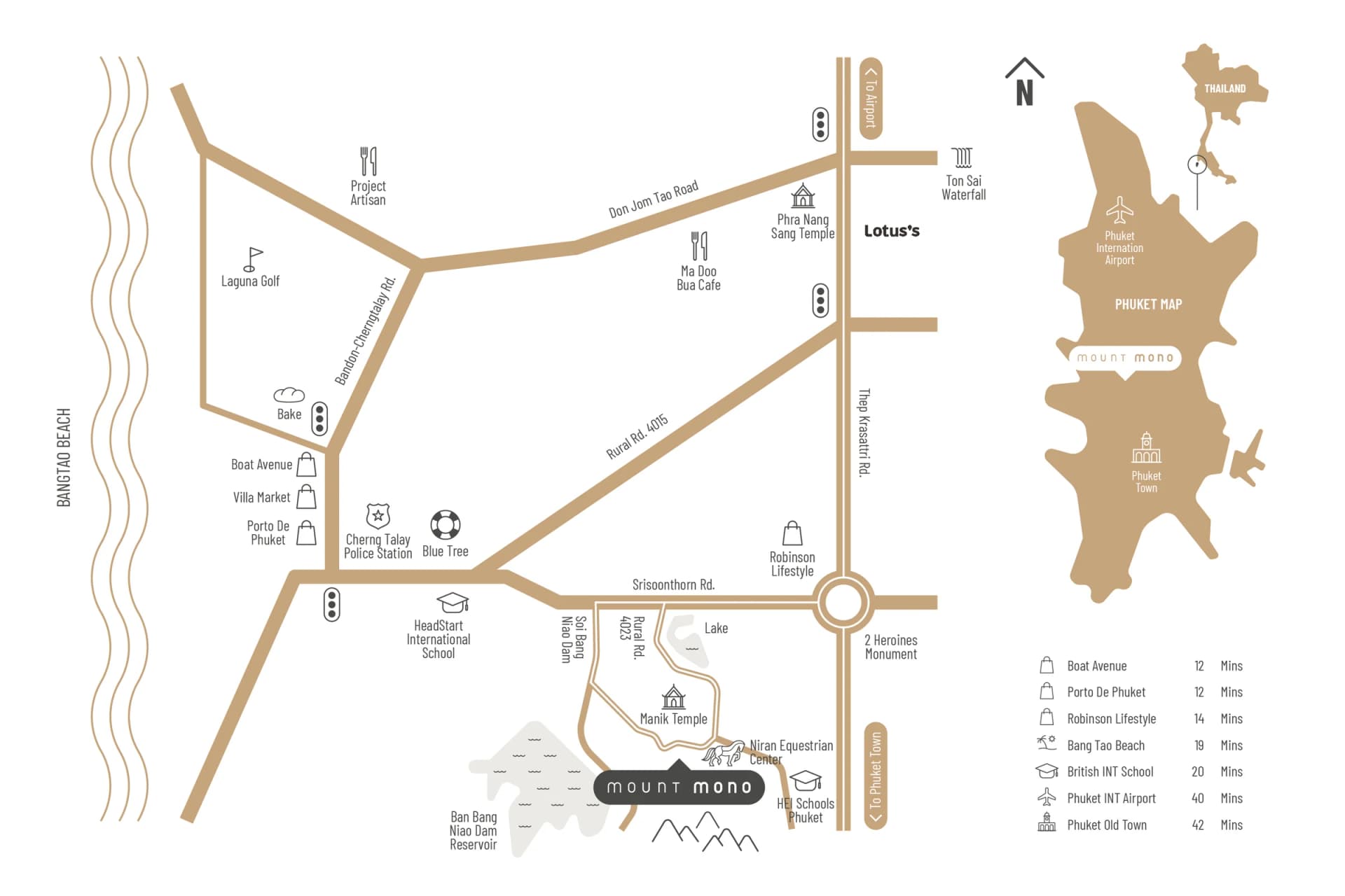 Road map: Mount Mono off Srisoonthorn Road by Manik Temple, routes to Bang Tao, Boat Avenue, Laguna, Robinson, the airport and Phuket Town