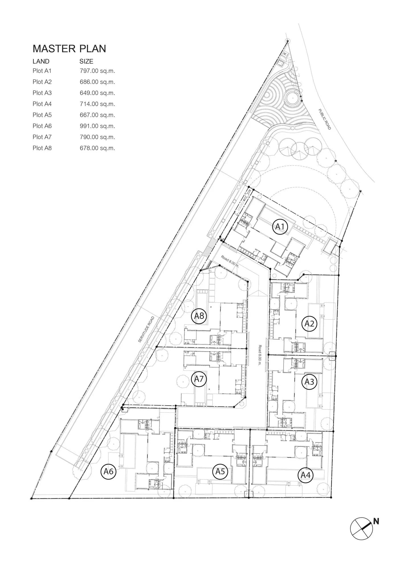 Gesamtplan: acht Grundstücke A1–A8 von 649–991 m² an einer 8 m breiten Privatstraße, Eingangsgarten